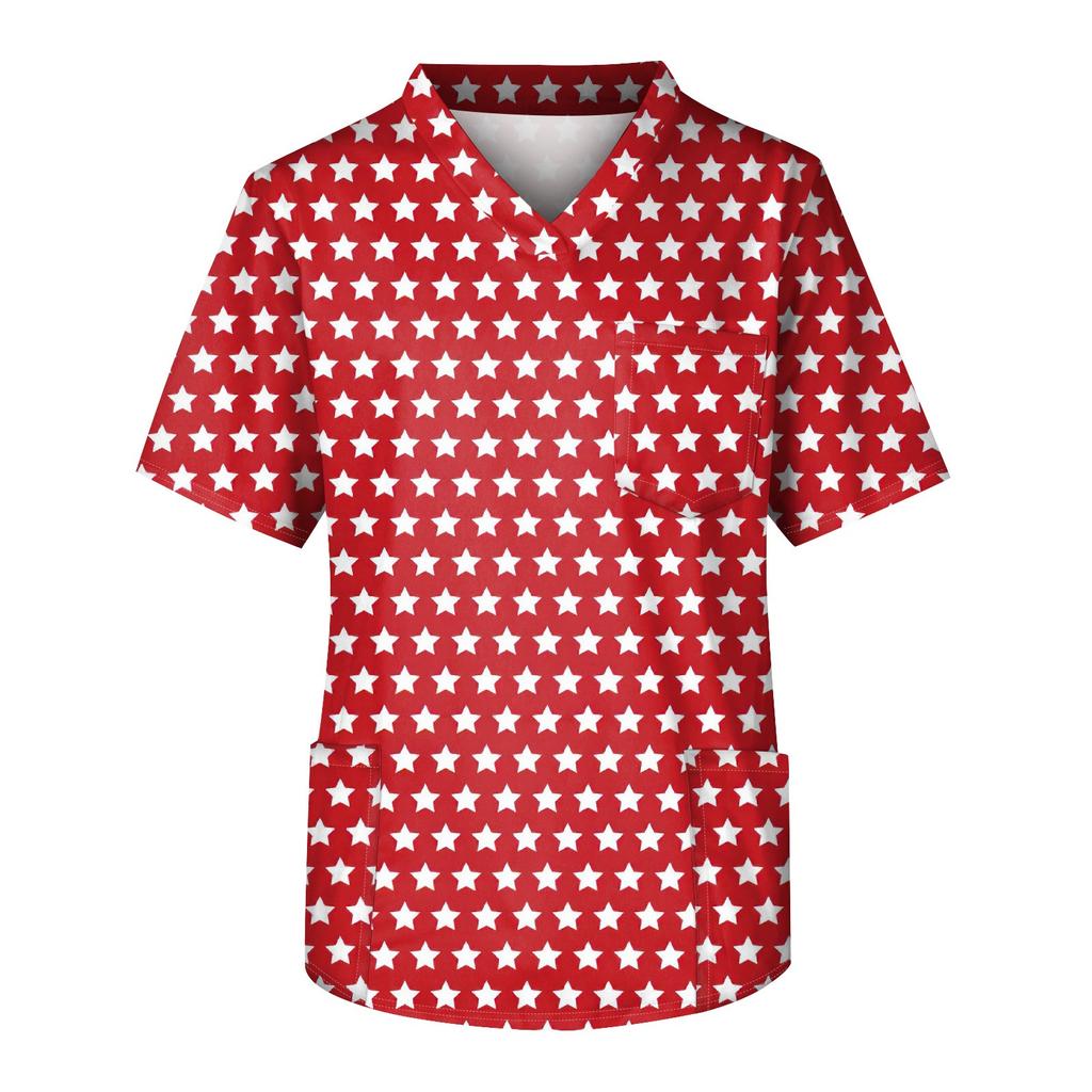 Men's Printing Short Sleeve V-neck Working Blouse Chest Pocket Carer Top