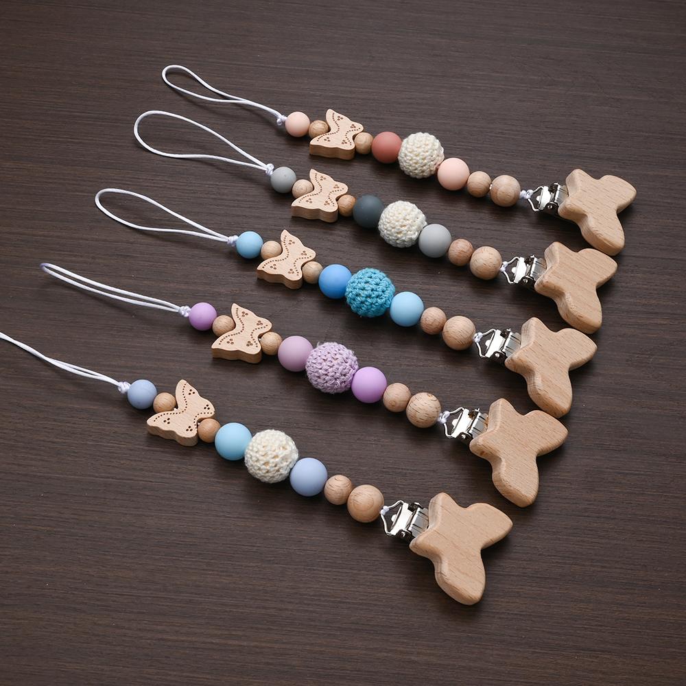 2Pcs Cartoon Animal Butterfly Beech Wooden Pacifier Baby Pacifier Clip Nipple Holder Dummy Holder Pacifier Clip for Baby Toys