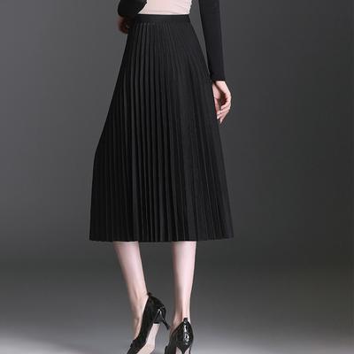 Spring Mid Length Slim Versatile High Waist Elegant Pleated Skirt