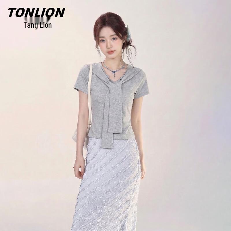 

Женская футболка TonLion с коротким рукавом и французским воротником-матроской M