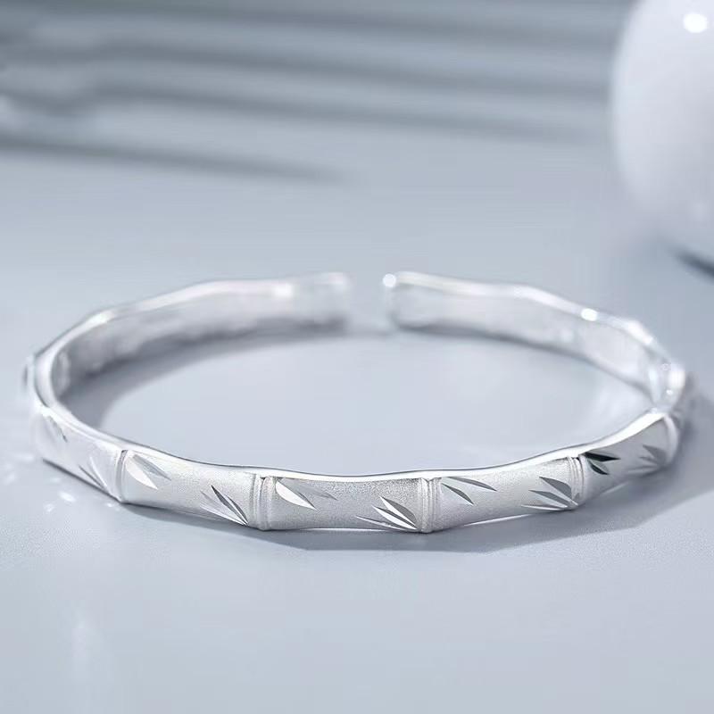 Silver Plated Bamboo Bangle: Frosted Alloy, Fashionable Gift for Women & Elderly