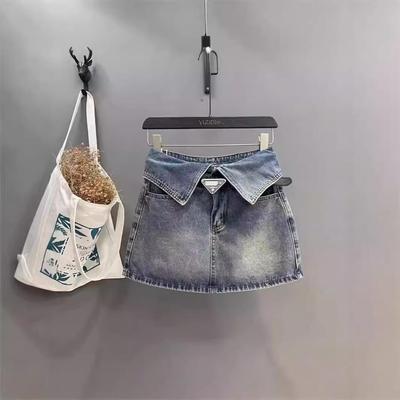 2024 Summer High-Waist Denim A-Line Short Skirt with Turn-Down Collar Waistband for a Sweet, Trendy Look
