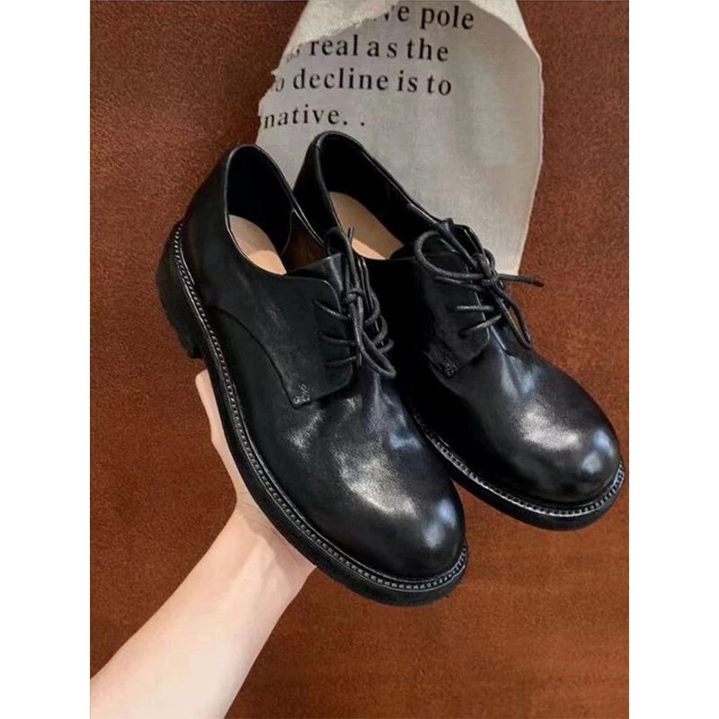 Washed Horse Leather~ Genuine Leather Retro British Lace-up Small Leather Shoes Women's Autumn and Winter New Derby Thick Heel Single Shoes
