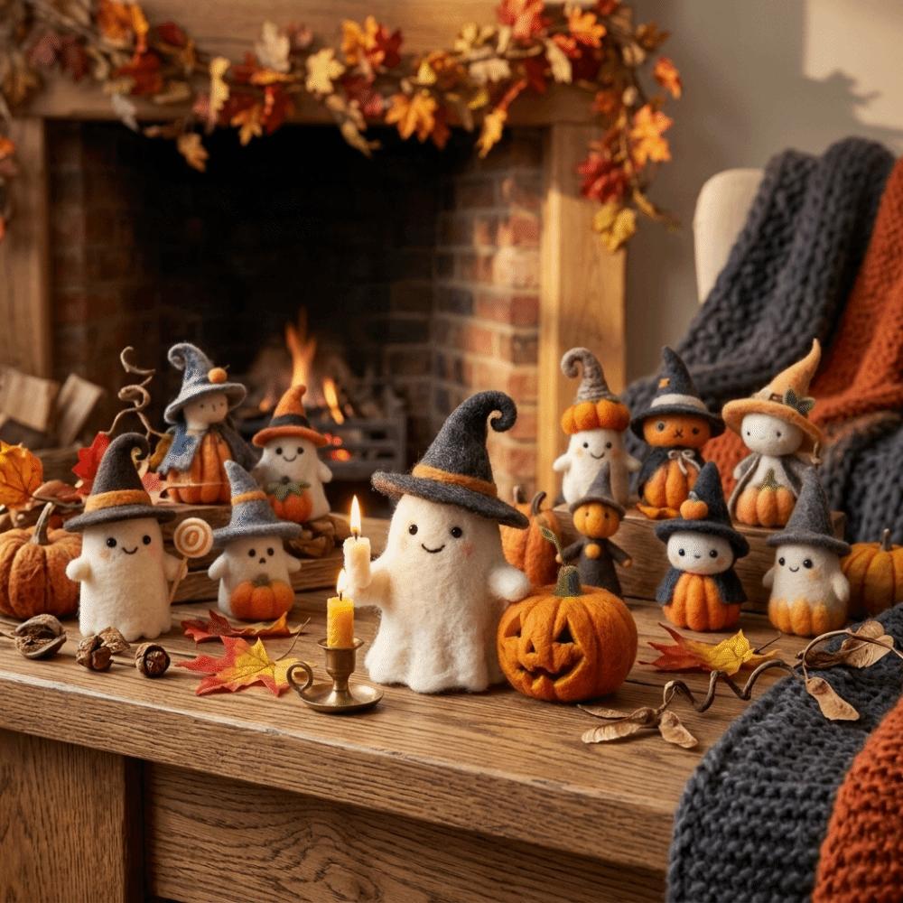 Cute Halloween Ornaments Witch Pumpkin Figurine Wool Felt Ghost Statue Home Decoration