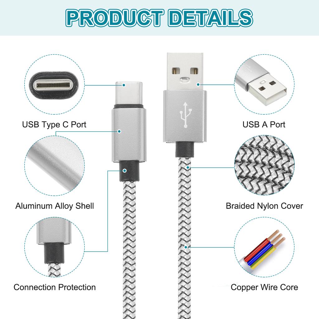 1/2/3Pcs USB Type C Charger Cable 1m/2m Silver 2.4A Type-C to USB A Braided Charging Cord Data Transfer Cable for Tablet Phone