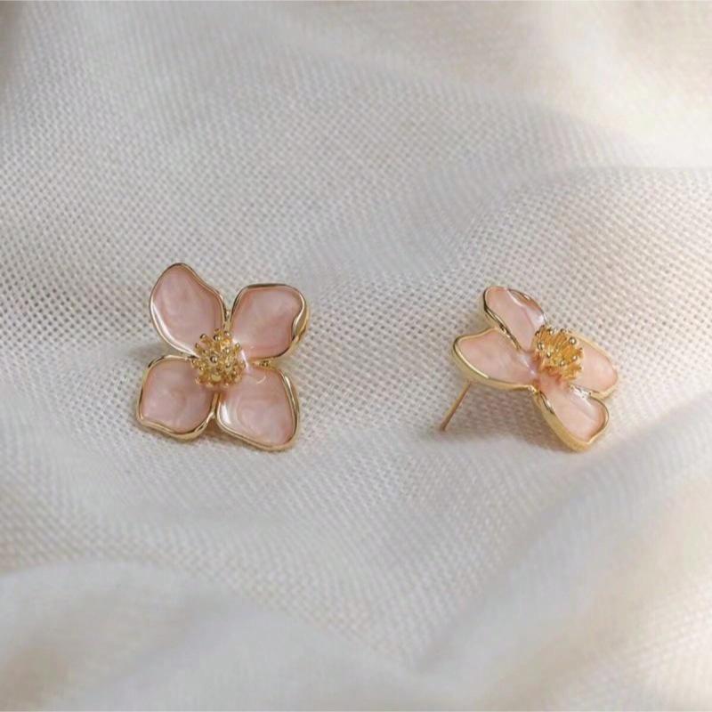 French Retro Red Roselle Drip Glaze Flower Earrings
