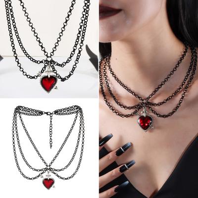 Gotisk Halskjede Kvinner Halloween Halskjede Svart Måne Anheng med Flerlags Metallkjeder Perler Flaggermus Choker Halskjede for Cosplay Kostymefest