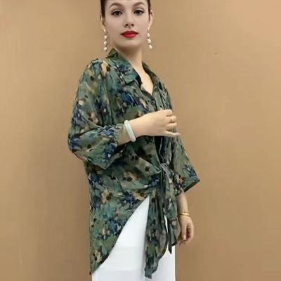Women Shirt Lapel 45720 Sleeve Sunscreen Shirt Printing Sun Protection Thin