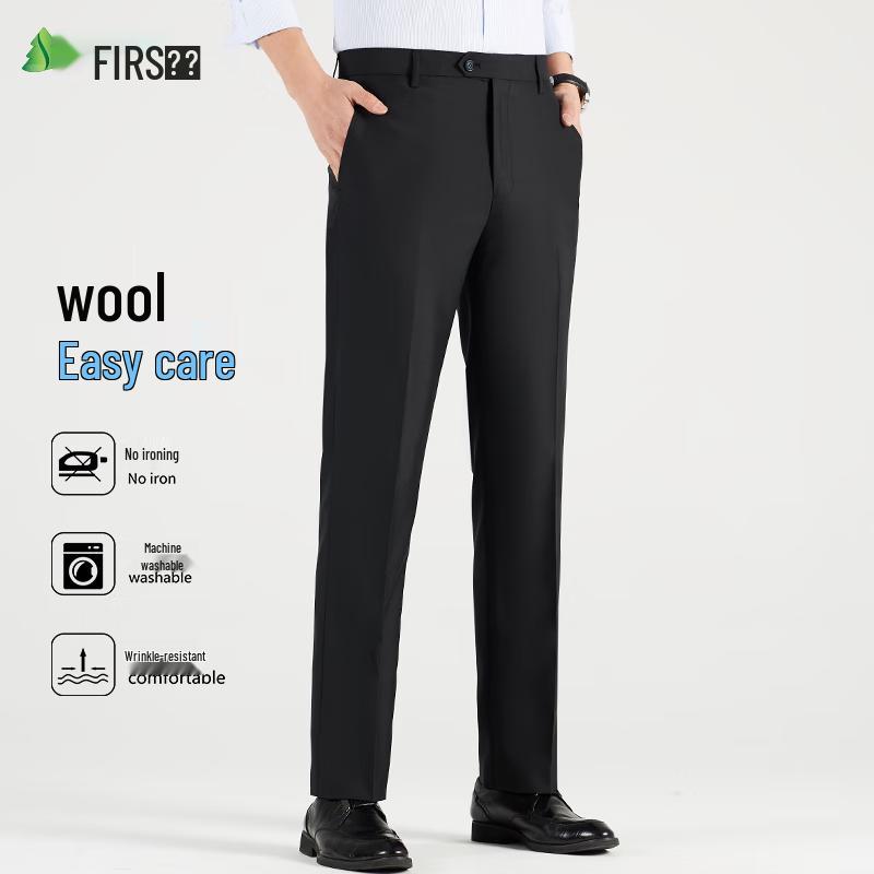 Calças Sociais Masculinas de Lã Mista, Antirrugas, Corte Reto