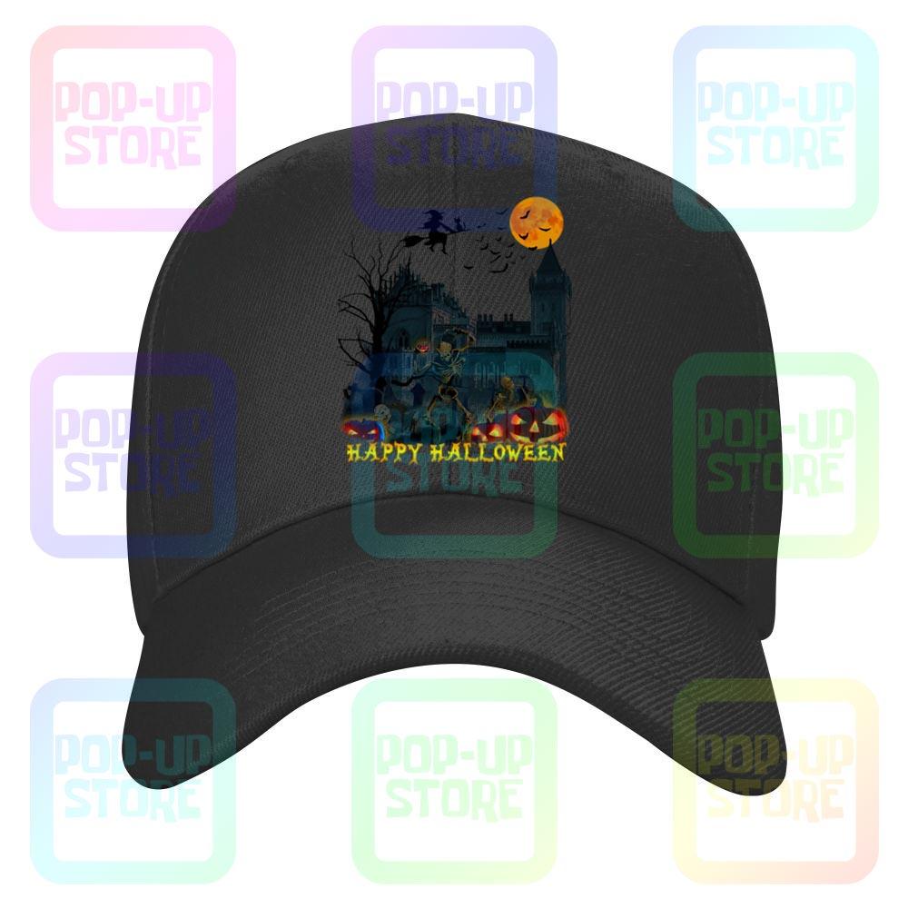 

Happy Hlloween Bone Witch Bird Old Building Pumpkin Sun Black Caps Baseball Cap