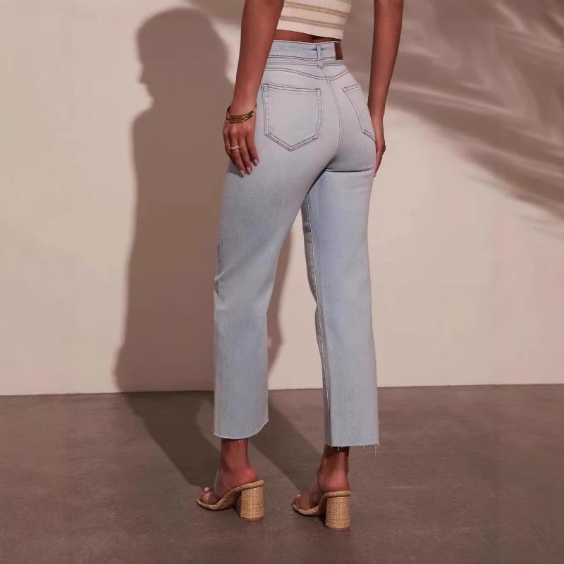 Women Fashion Casual Mid Waist Washed Straight Wide Leg Denim Jeans