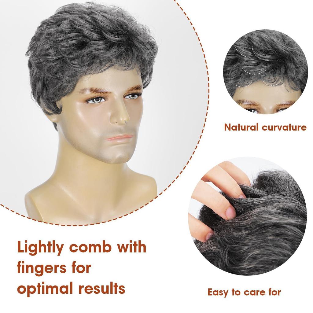 Men's Fashion Business Wig, Black-Grey Curly High-Temperature Fiber Hairpiece