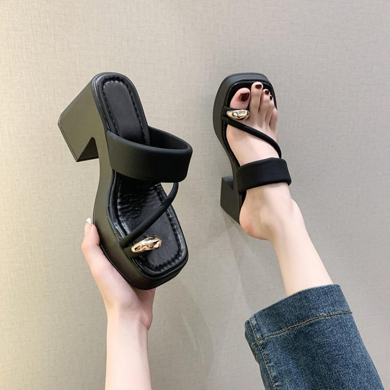 High -heeled Women's Sandals 2025 Summer New Fashion Versatile Toe Thick Bottom Non -slip Leisure High Heel Tide Sandy Slippers