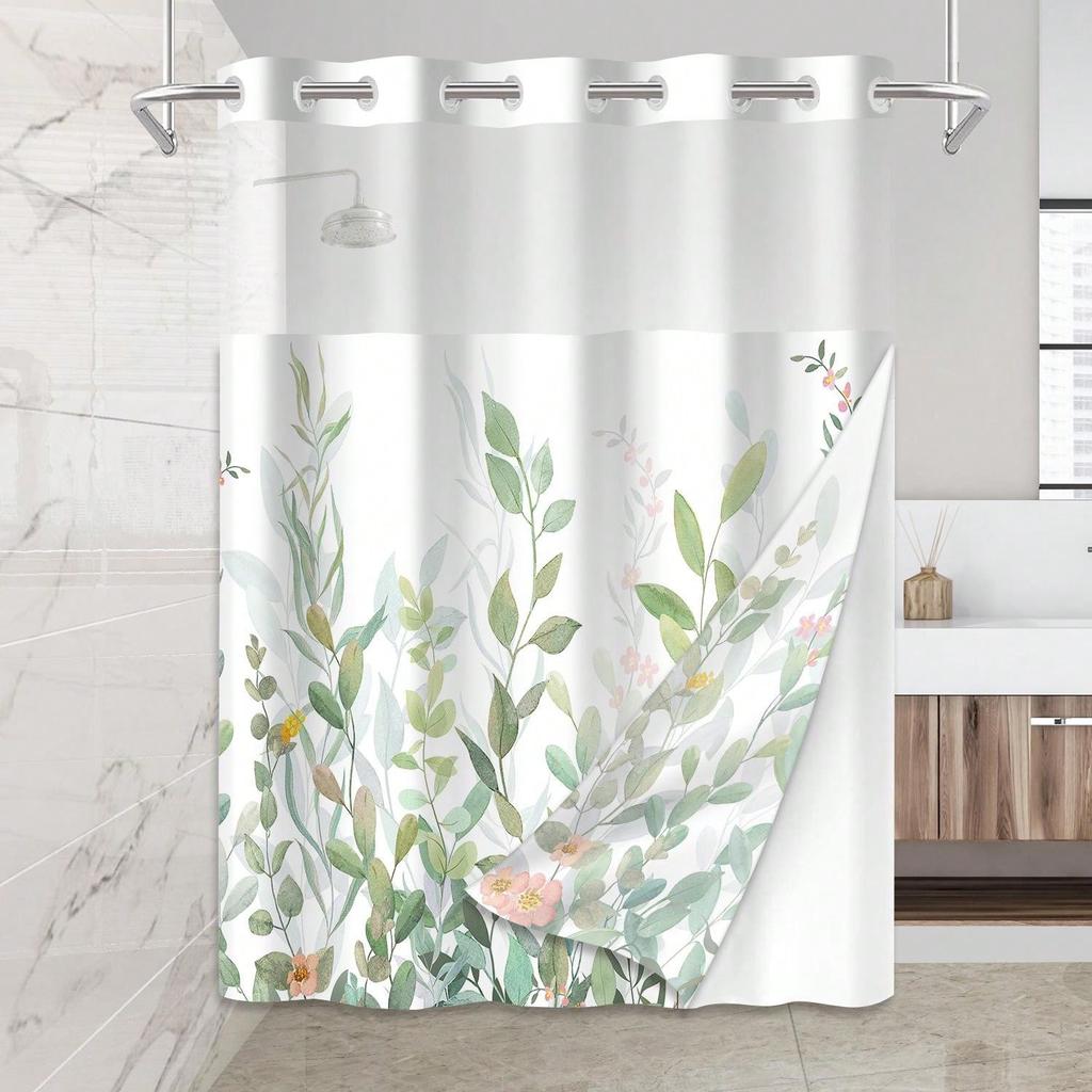 Plants Pattern with Hook Waterproof Shower Curtain, Removable With , Perfect For Bathroom Decor In Winter,   Single-layer Design