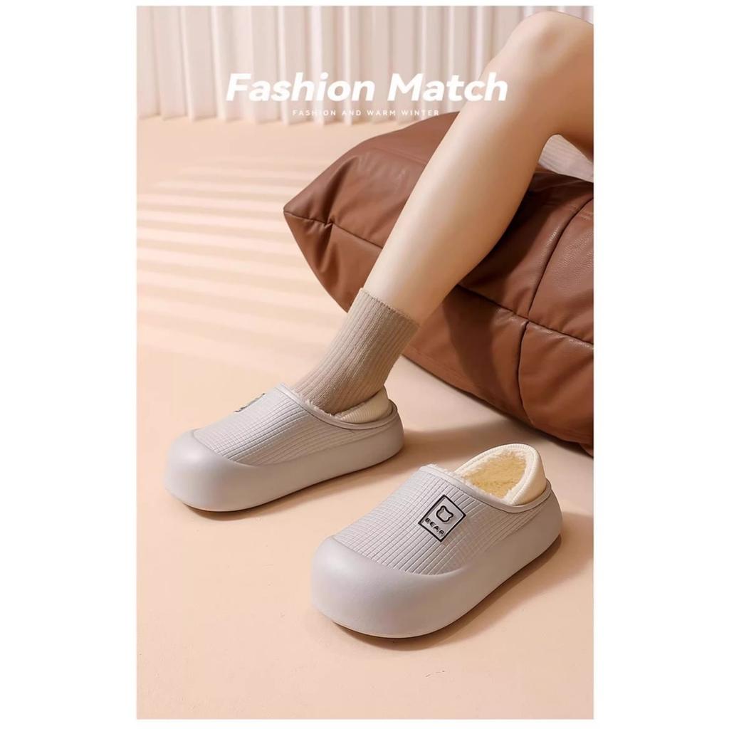 Waterproof Cotton Slippers for Women In Autumn and Winter, Anti Slip Plush Bags and Cotton Shoes for Indoor Home Use
