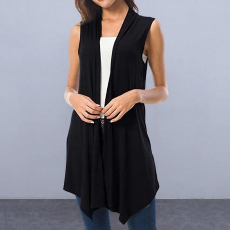 Sommer Damen Ärmellose Leichte Strickjacke Weste Einfarbig Offen Vorne Drapierter Mittellanger Asymmetrischer Saum Weste Mantel