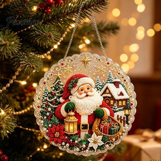 Religiöse Feiertagsdekorationen Weihnachten Perlmuttmalerei Sonnenfänger-Set, 3D Krippe/Weihnachtsmann/Vogel/Baum Festliche Heimdeko Akzente Perlen