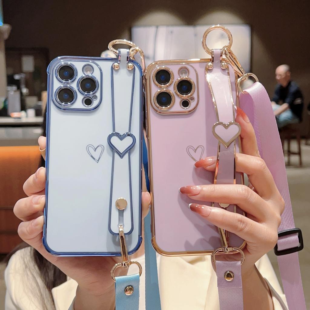 Für IPhone 16E Beschichtete Liebe Armband Ständer Handyhülle für Apple 15 ProMax Band 14 Schutzhülle