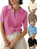 Women's polo collar short sleeved knitted sweater, women's casual solid color twisted flower knitted sweater