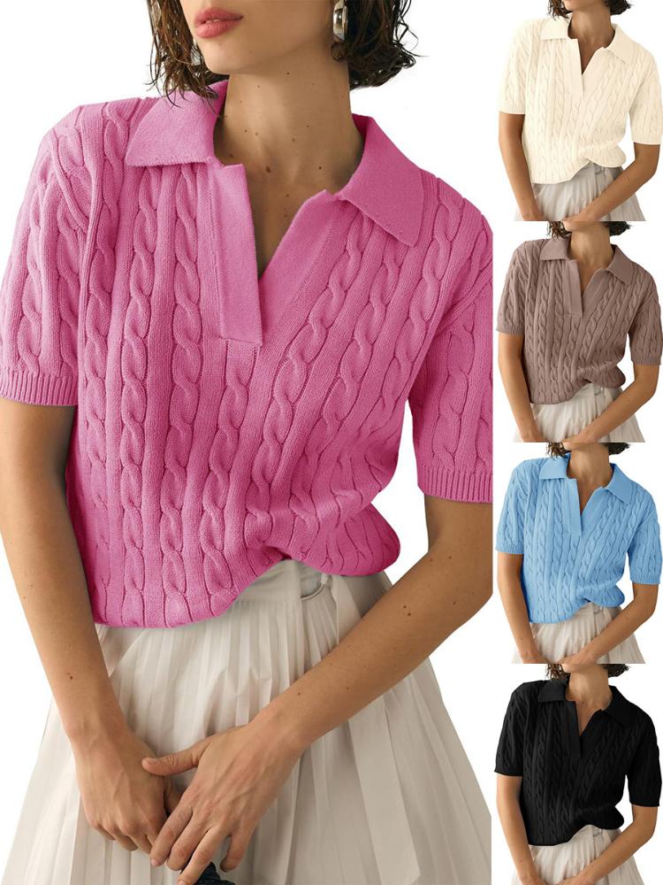 Women's polo collar short sleeved knitted sweater, women's casual solid color twisted flower knitted sweater