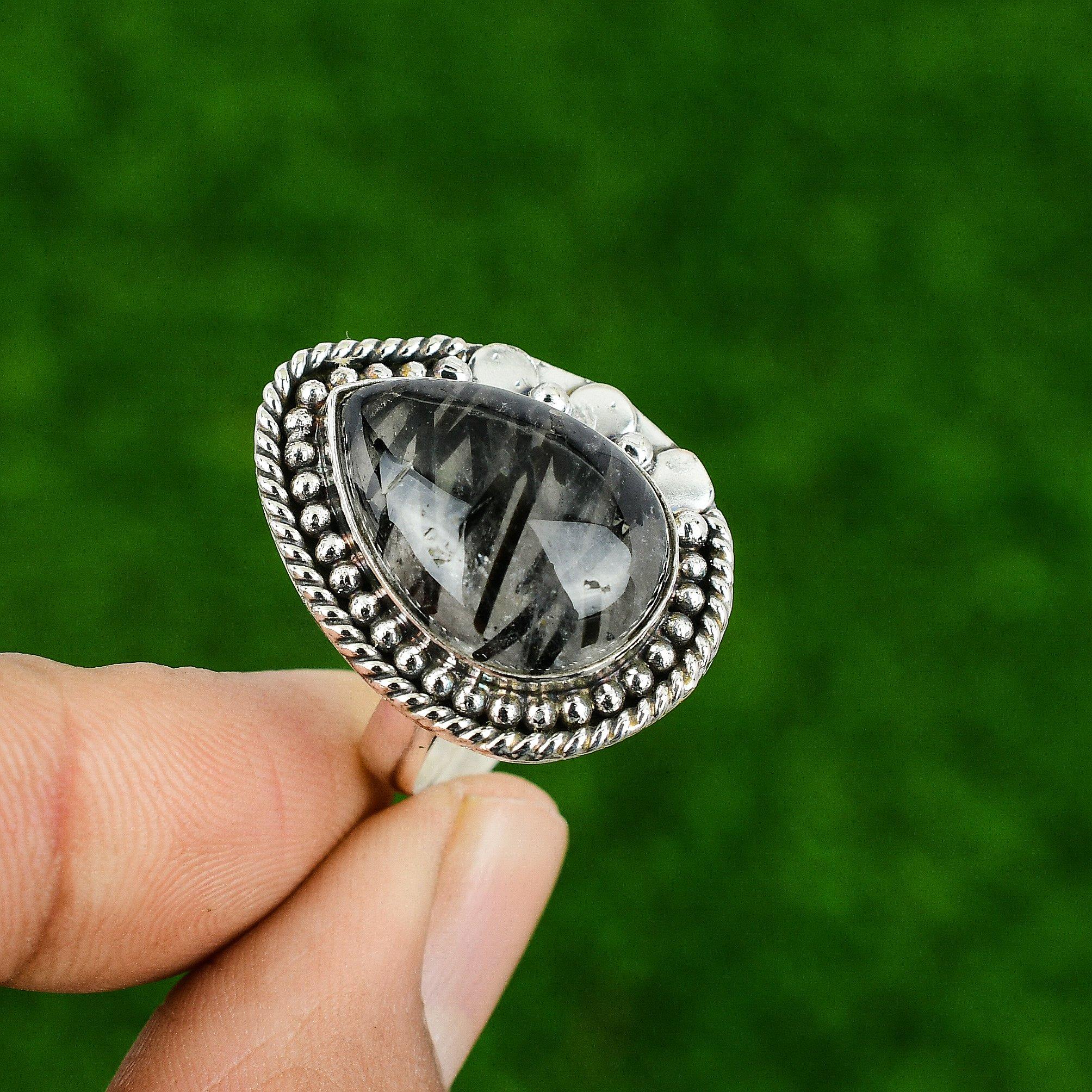 

Серебро 925 пробы Груша Натуральный Черный Рутил Безель Уникальное Заявление Кольцо для Сестры Adjustable