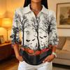 Women's Button Down Three-Quarter Sleeve Halloween Print Shirt with Collar