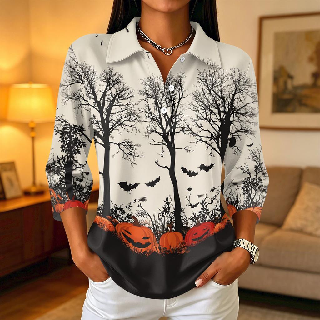 Women's Button Down Three-Quarter Sleeve Halloween Print Shirt with Collar