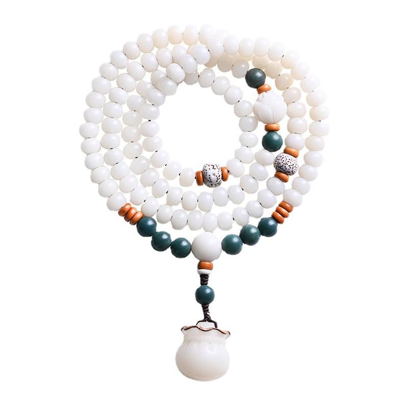 Bodhi Root Bracelet with White Jade Bodhi Seeds108Buddhist Beads for Reciting Sutras, Carved Fortune Bag Necklace, Barrel Beads, Prayer Beads for Men