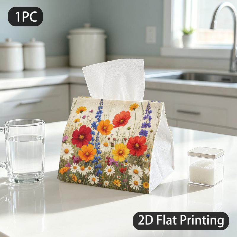 1pc Tissue Box, Watercolor/ Wild Flowers/ Vibrant Warm Pattern, 2D Flat Printing, Crafted with Strong Polyester, Built To Last, Tissue Organizer, for