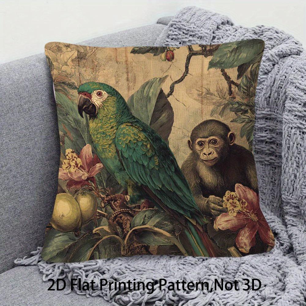 2D Flat- Vintage Tropical Jungle Parrot Monkey Throw Pillow Cover Botanical Floral Farmhouse Home Decor Cushion Case