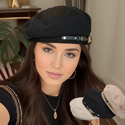 Women's Vintage Beret with Belt Decoration, Classic Solid Color Lightweight Painter Cap for Autumn and Winter, Non-Stretch Polyester, Painter Cap