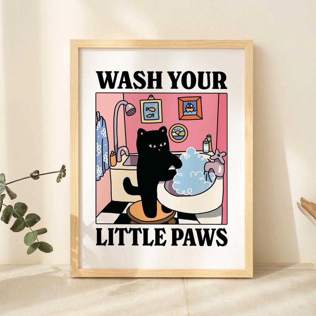 Cute Wash Paws Cat Canvas Print Kawaii WashRoom Bathroom Nursery Wall Art Poster for Modern Living Room Bedroom Home Decor