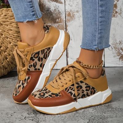 Trendige Damen-Sneaker mit Leopardenmuster - Bequemes Schnürdesign, flache Sohle, rutschfester Grip - Modische Freizeitschuhe