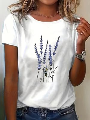 Damski Letni Casualowy T-shirt Lawendowy w Kwiatowy Wzór - Top z Okrągłym Dekoltem i Krótkim Rękawem w Stylu Koreańskim Lawendowe Bluzki