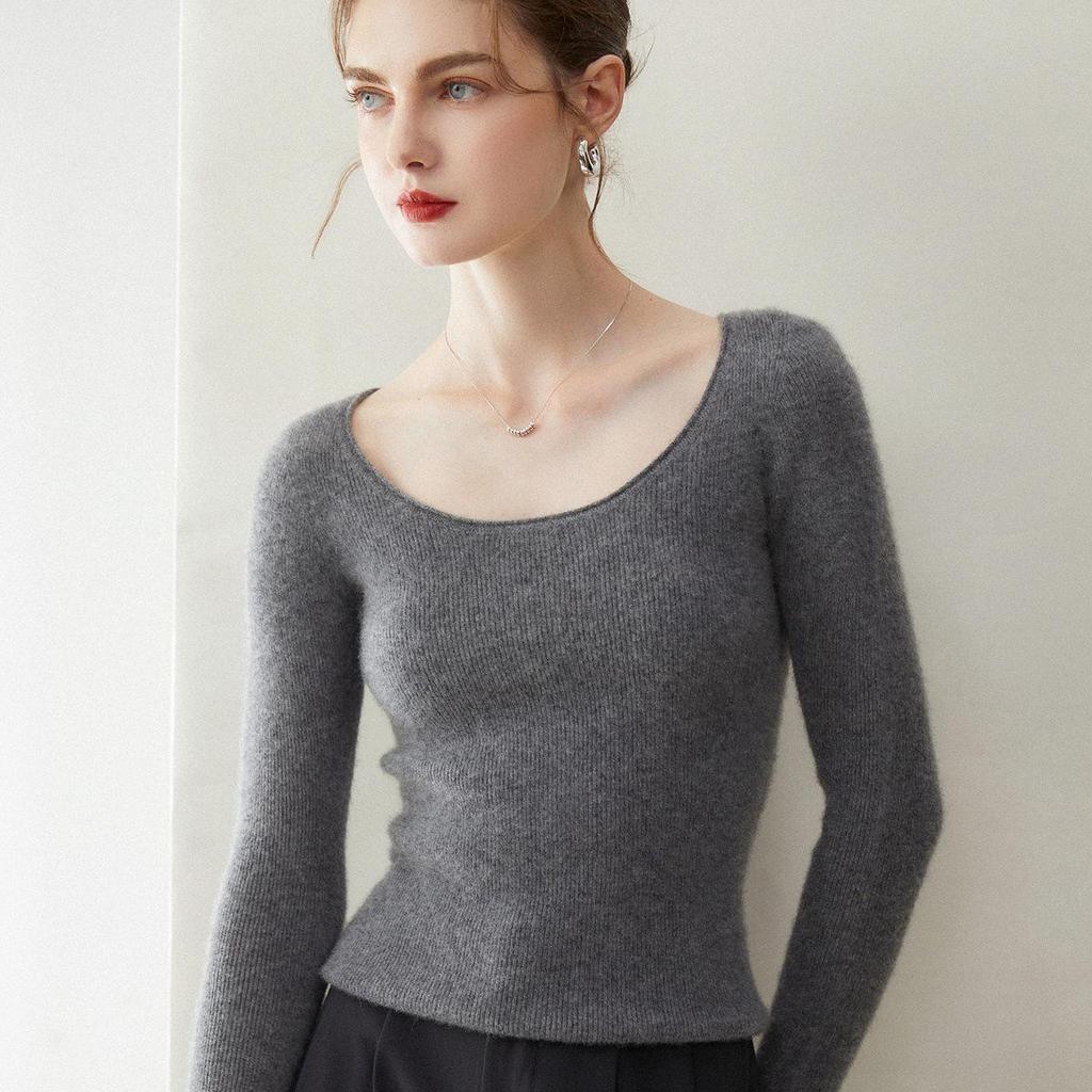 Women's Slim-Fit U-Neck 100% Cashmere Sweater - Low Round Neck Knit Base Layer