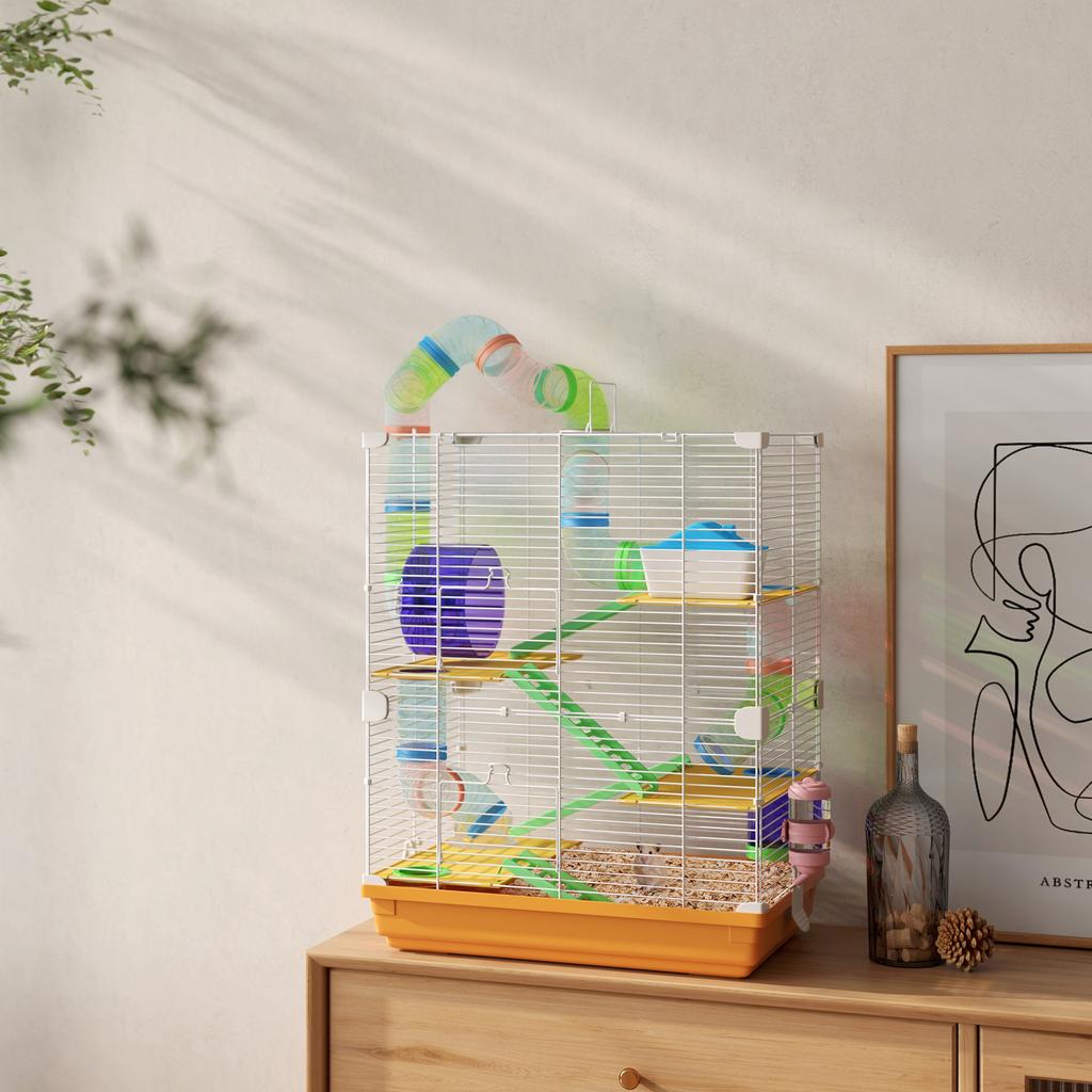 5-Tier Hamster Cage with Tubes, Wheel, Ladders, House and Bottle, 46x30x58 cm, Orange