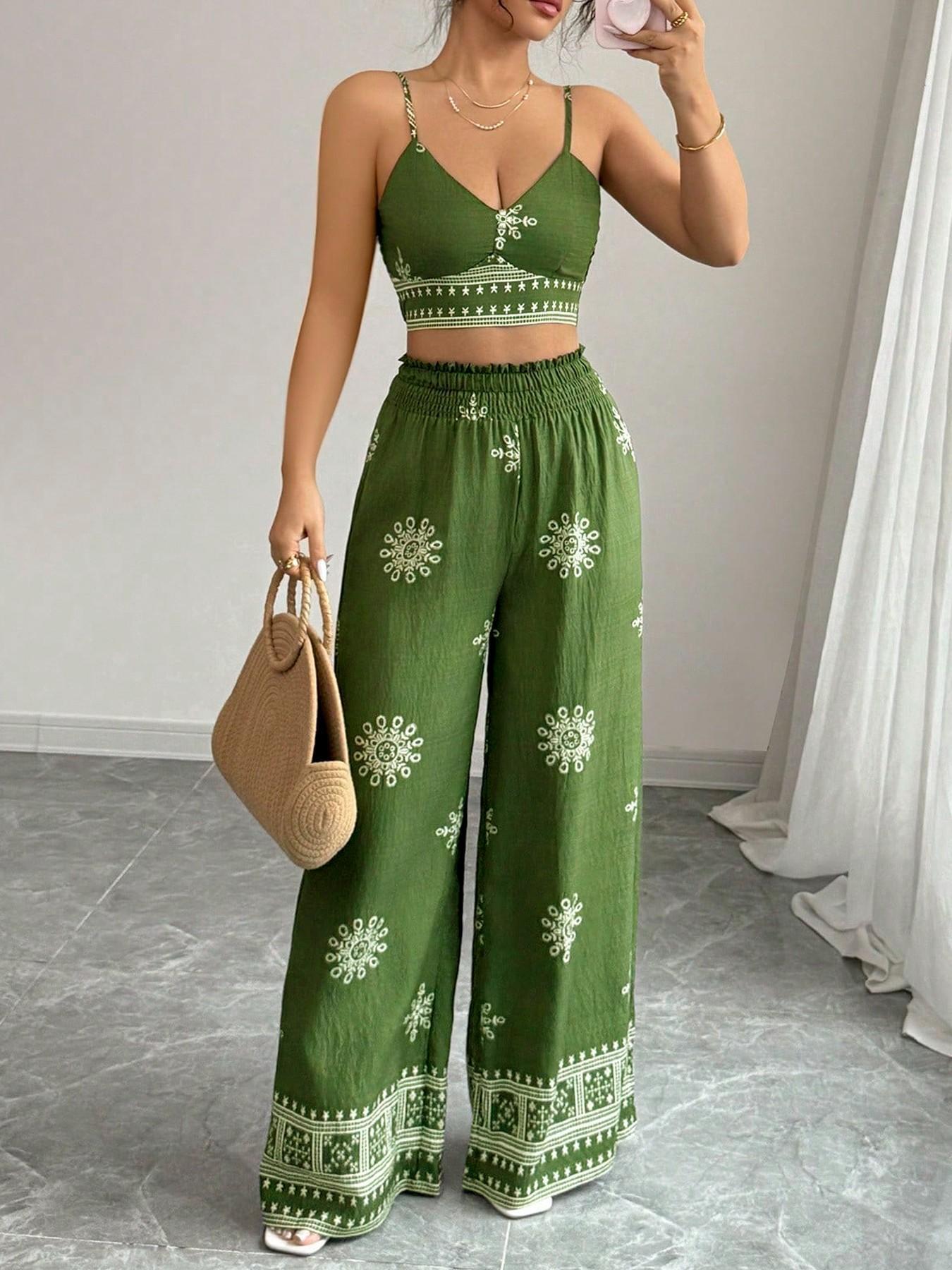 

Женский летний костюм с принтом на бретельках и широкими брюками Extra Large (XL) зелёный