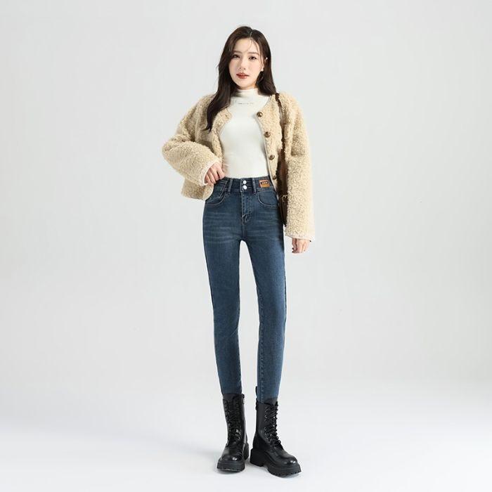 New autumn and winter women's clothing velvet jeans, thin high-waisted breasted leggings, versatile women's pants