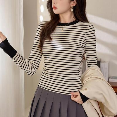 Camiseta de Rayas de Bloques de Color Premium: Top de algodón puro de manga larga para mujer para la moda Otoño/Invierno 2025