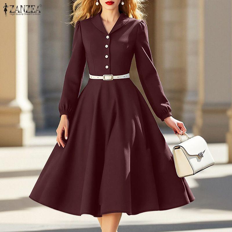 ZANZEA Women Casual Turn Down Collar Long Sleeve Loose Dress