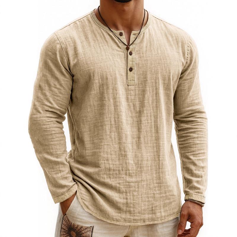 Summer European American Men's Clothing Floral Two-color Henley Shirt 3 Buttons Men's Casual Long Sleeves