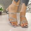 Silberne Kristallriemen High Heels Slipper Damen Sommer Eckige Zehenpartie Dicke Absätze Sandalen Frau Übergröße Mode Party Kleiderschuhe