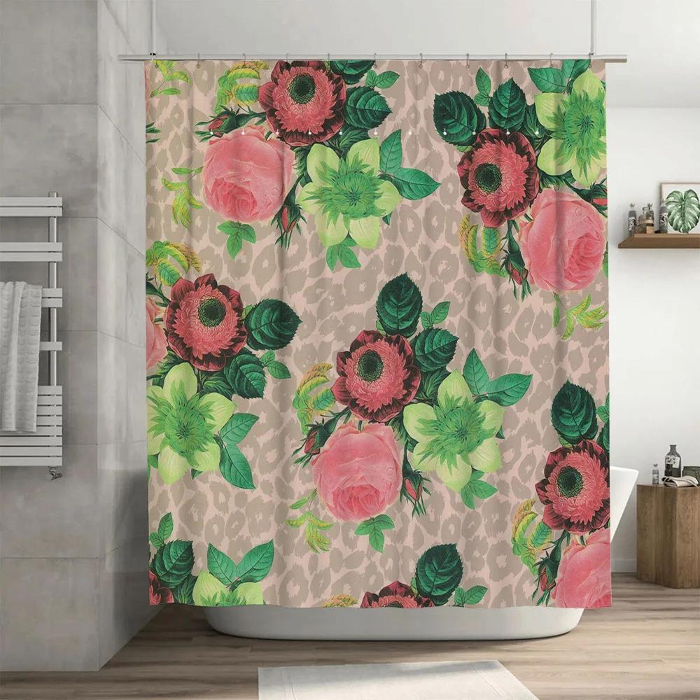 Bathroom shower curtain with floral pattern, pink rose design, leopard print background home decor accessories for bathroom