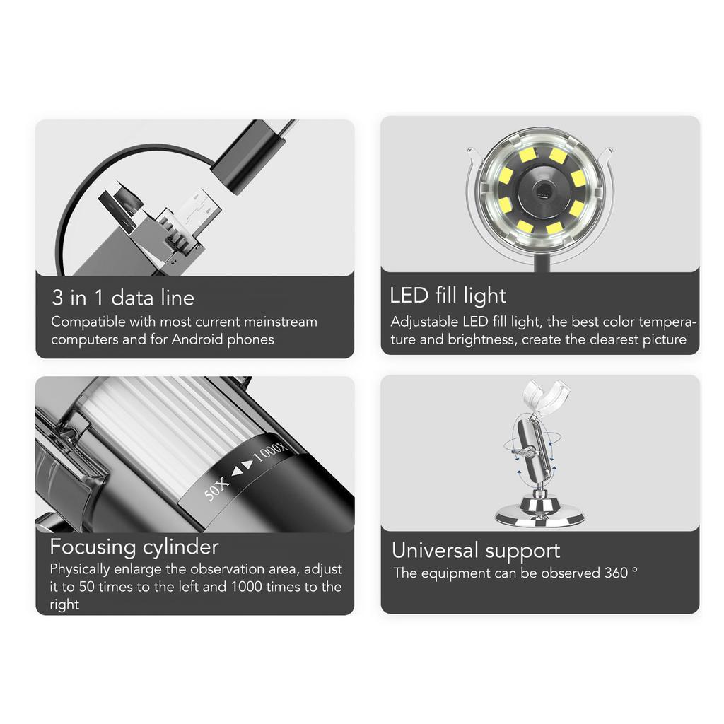3 in 1 Digitalmikroskop USB-Anschluss HD 1600X Kabelgebundenes Handheld-Tragbares Vergrößerungsmikroskop für IOS