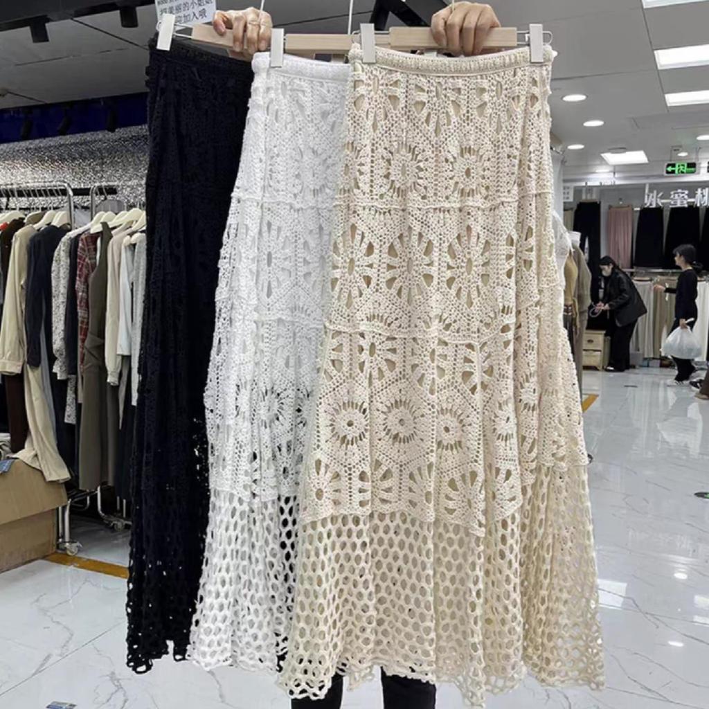 Skirt Women Knitting Lace Long Solid Hollow Out Sexy Hollow Summer Style Loose Basic