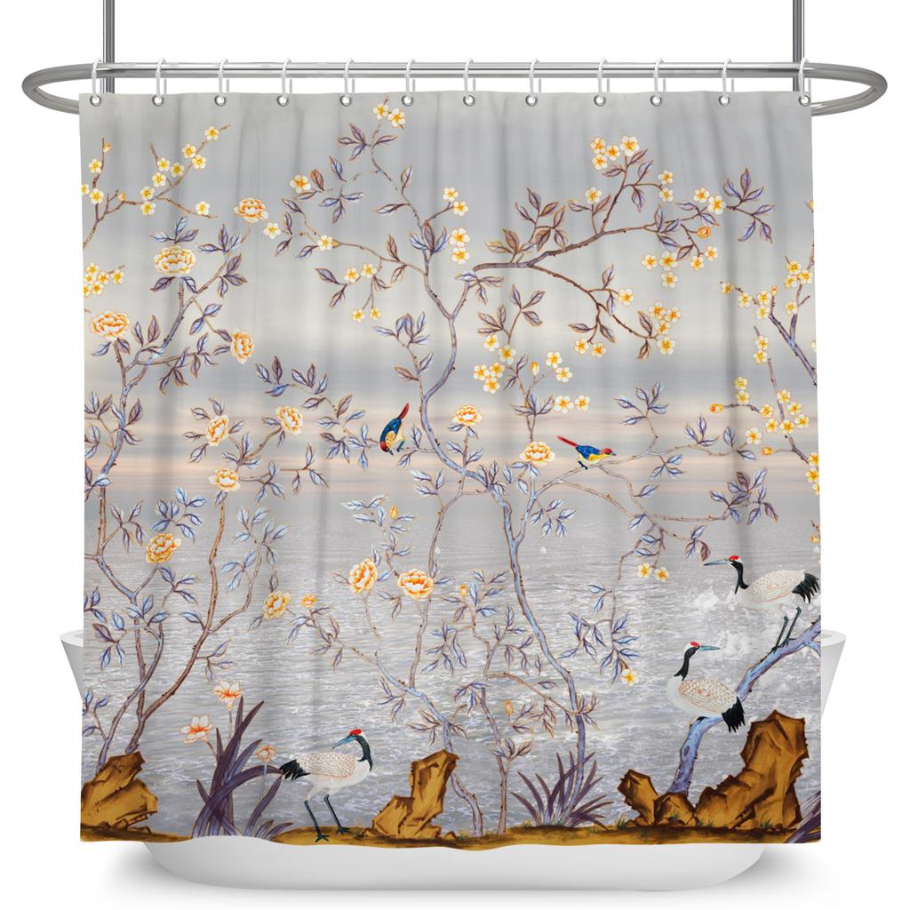 Vintage Bird Flower Shower Curtain with Hooks Artistic Peacock Floral Design Chinese Style Waterproof Polyester Bathroom Curtain