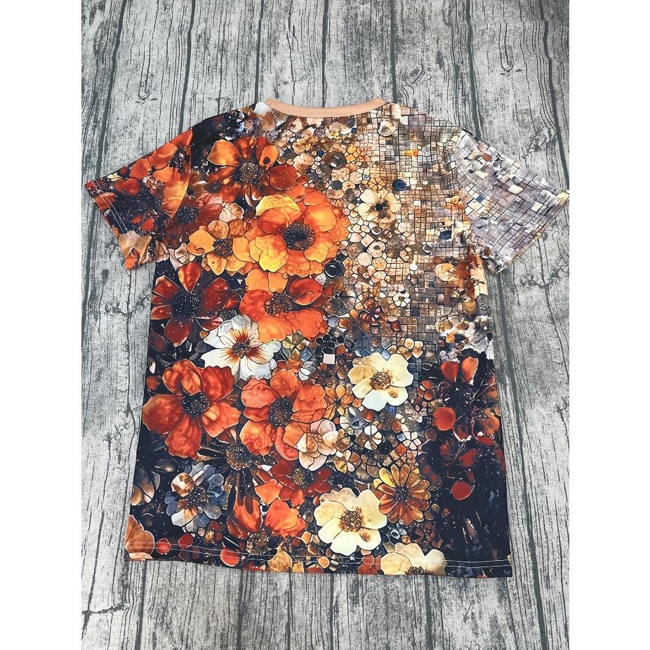 Damski T-shirt Wzór Motyla i Kwiatów Nadruk - Wygodny Krótki Rękaw Okrągły Dekolt Moda Druk 3D