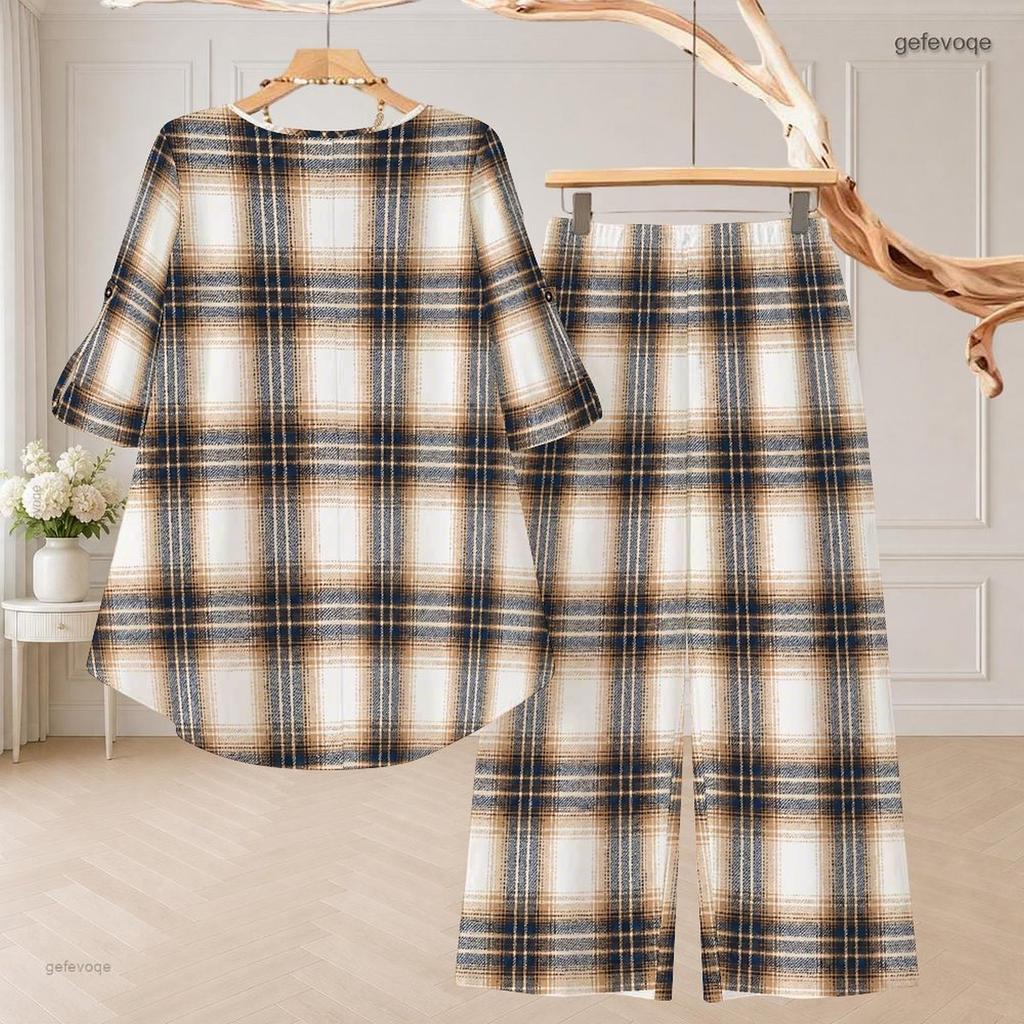 Women Plus Size Printed Round Neck Mid Sleeve High Low Top Wide Leg Pants Two Piece Set