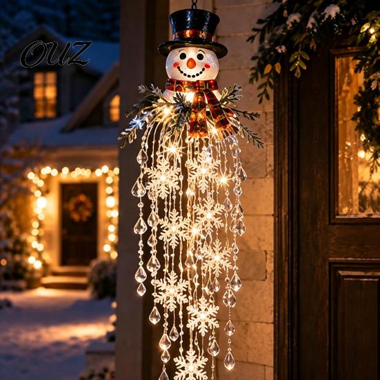 Santa Claus Snowman Decor Crystal Waterfall Christmas Lights, LED Warm White Pendant Effect Holiday Hanging Light with Snowflake Droplets, Outdoor