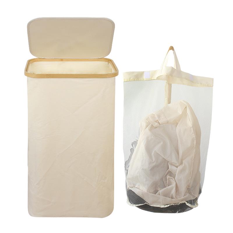 Foldable Bamboo Laundry Basket with Lid and Inner Bag for Bedroom or Bathroom